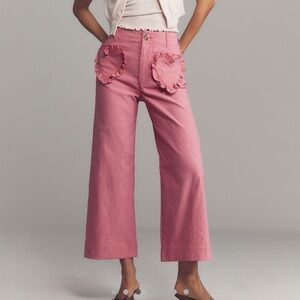 Anthropologie Colette Heart Pocket Wide Leg Cropped Pants Maeve Pink Valentines